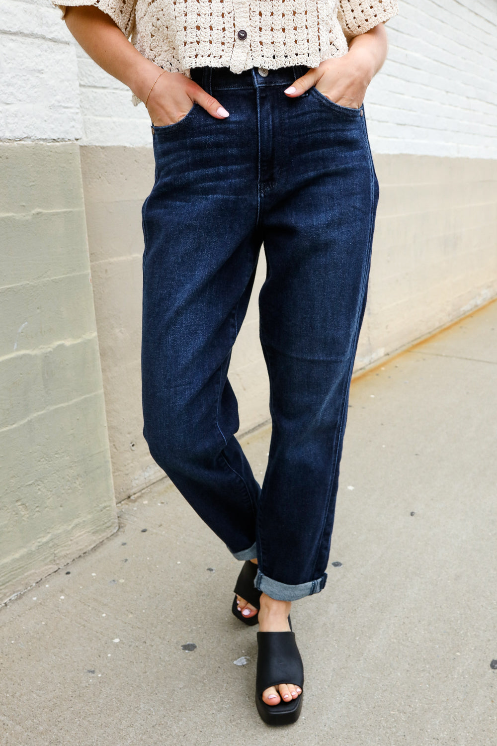 Judy Blue High-Rise Boyfriend Dark Blue Wash Jeans - Charming Charlie