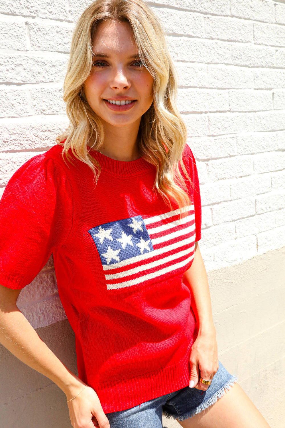 American Flag Bubble Short Sleeve Jacquard Sweater Knit Pullover - Charming Charlie
