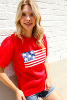 American Flag Bubble Short Sleeve Jacquard Sweater Knit Pullover - Charming Charlie