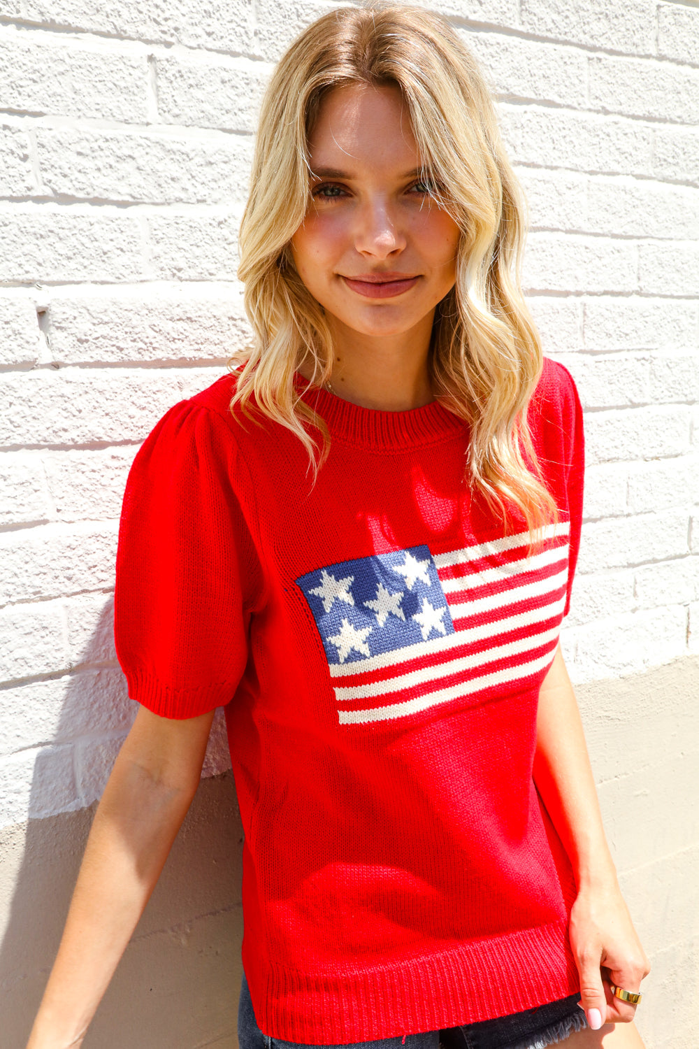American Flag Bubble Short Sleeve Jacquard Sweater Knit Pullover - Charming Charlie