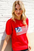 American Flag Bubble Short Sleeve Jacquard Sweater Knit Pullover - Charming Charlie