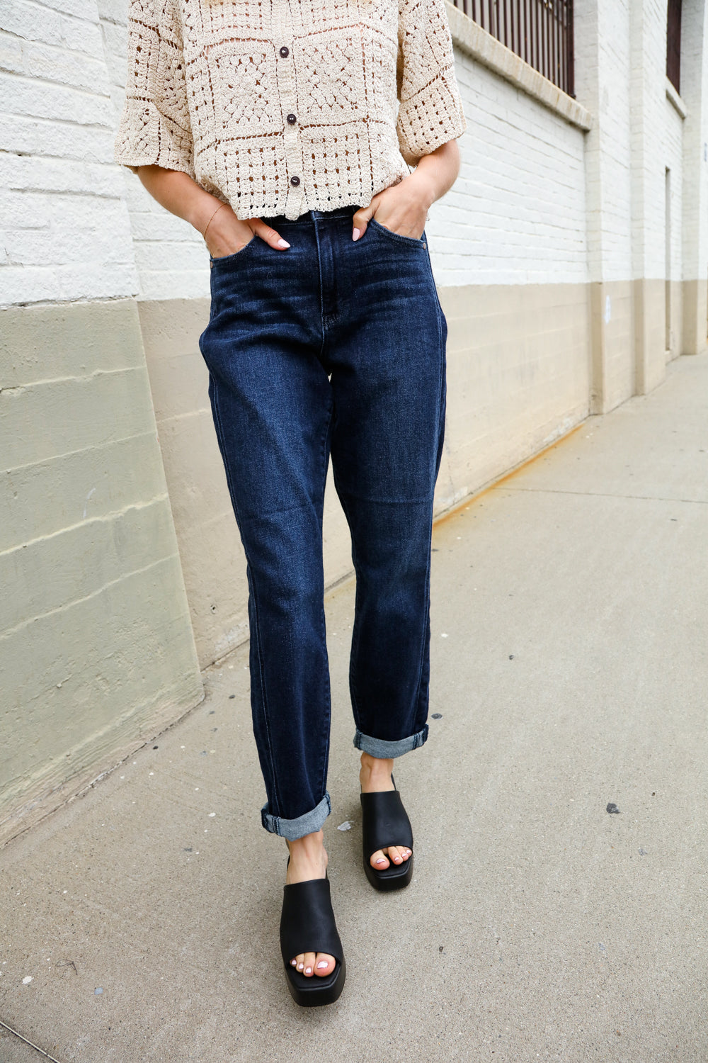 Judy Blue High-Rise Boyfriend Dark Blue Wash Jeans - Charming Charlie