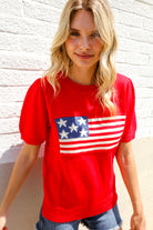 American Flag Bubble Short Sleeve Jacquard Sweater Knit Pullover - Charming Charlie