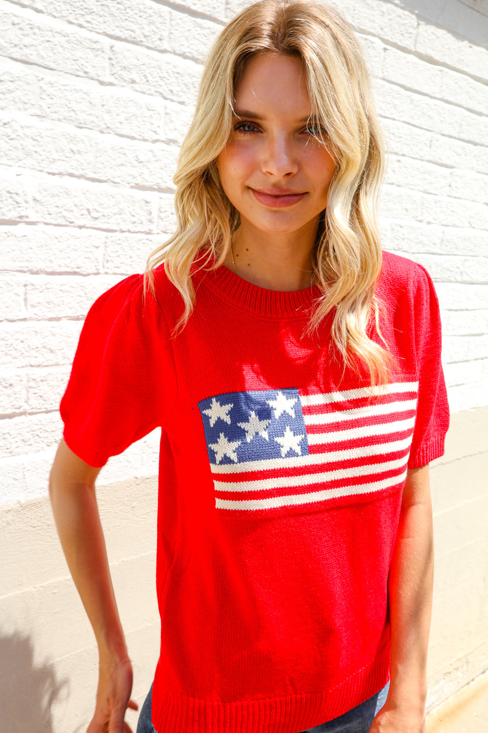 American Flag Bubble Short Sleeve Jacquard Sweater Knit Pullover - Charming Charlie