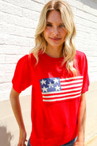 American Flag Bubble Short Sleeve Jacquard Sweater Knit Pullover - Charming Charlie