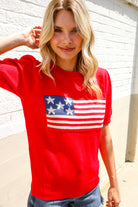 American Flag Bubble Short Sleeve Jacquard Sweater Knit Pullover - Charming Charlie