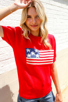 American Flag Bubble Short Sleeve Jacquard Sweater Knit Pullover - Charming Charlie