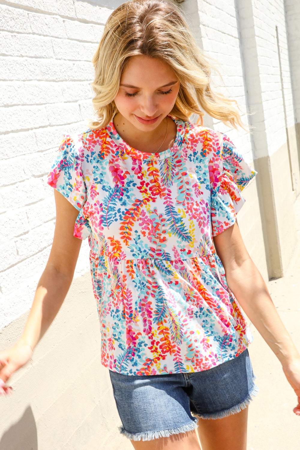 Perfect Find Ivory Floral Leaf Print Short Sleeve Babydoll Top - Charming Charlie