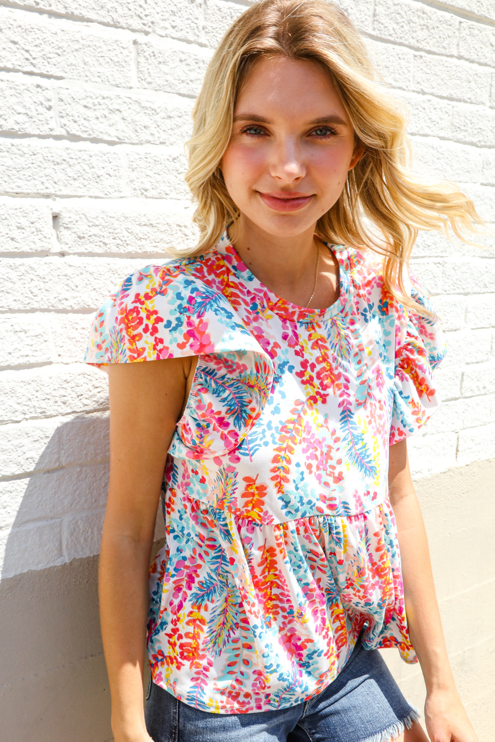 Perfect Find Ivory Floral Leaf Print Short Sleeve Babydoll Top - Charming Charlie