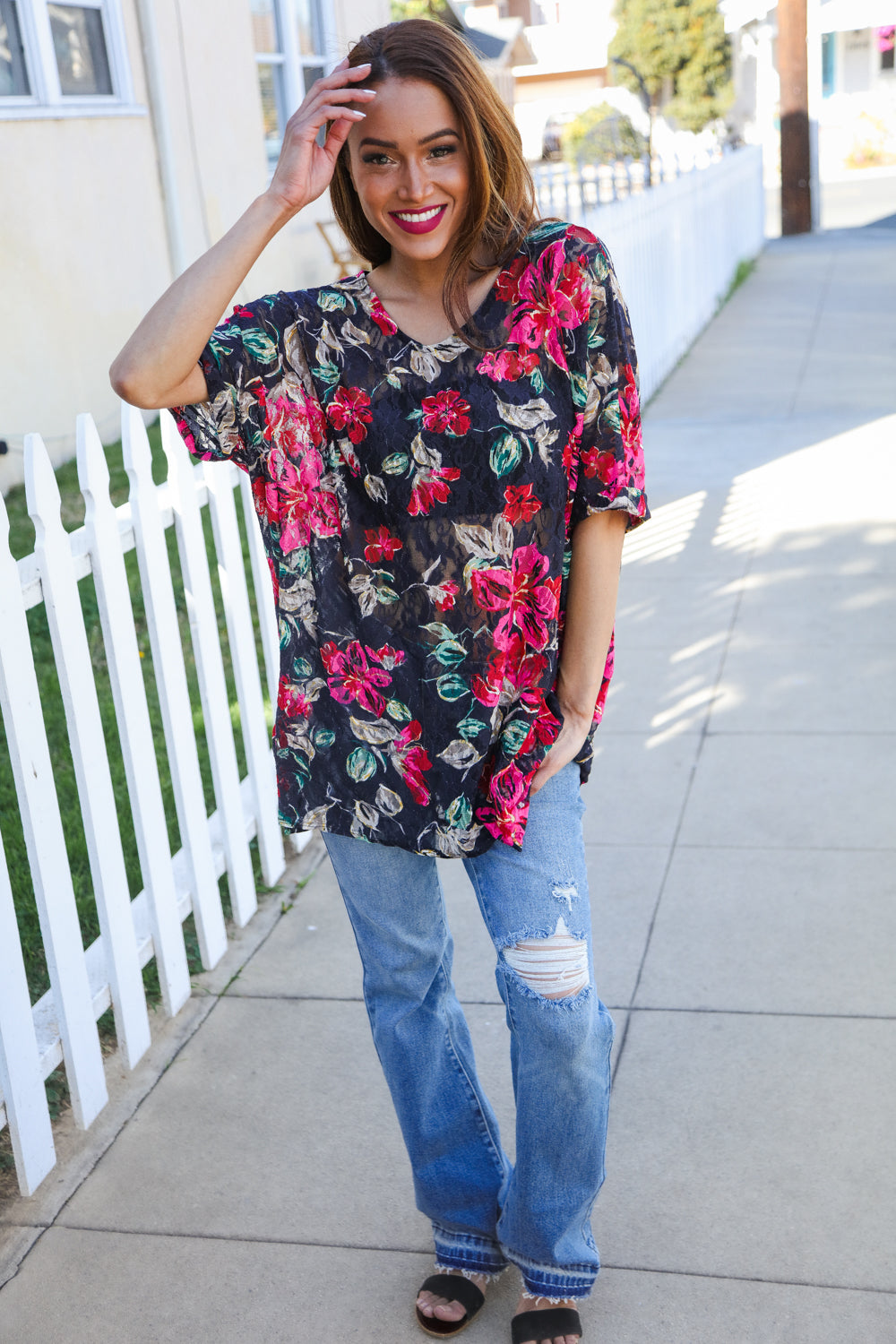 The Perfect Find Black Multicolor Floral Crochet V Neck Top - Charming Charlie