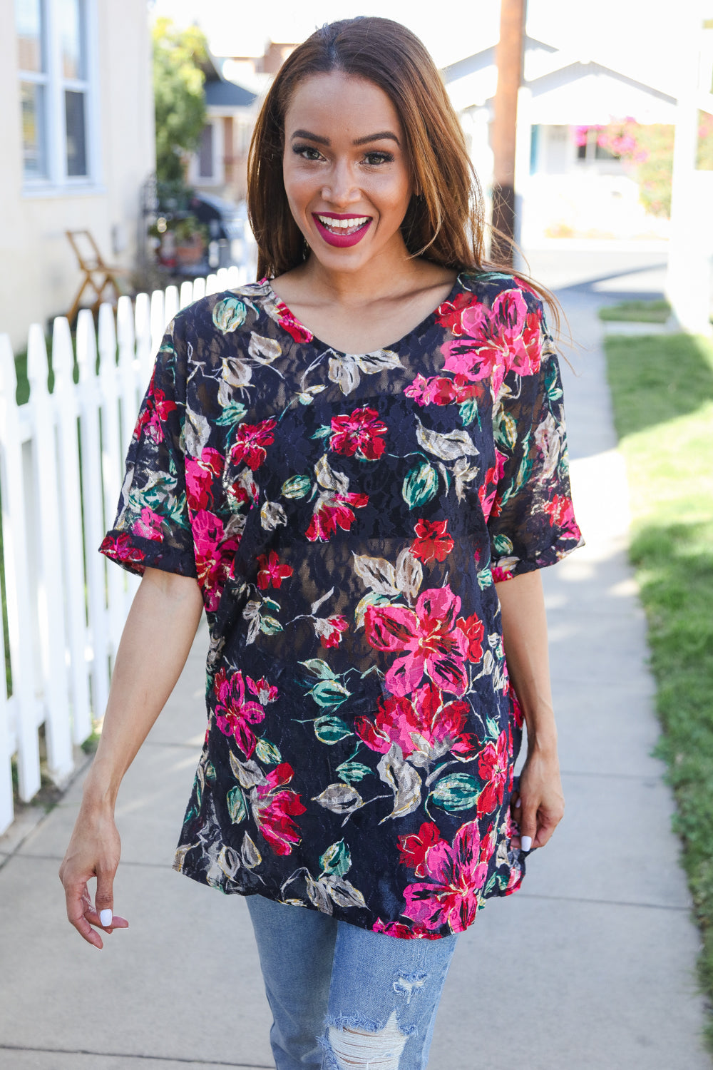 The Perfect Find Black Multicolor Floral Crochet V Neck Top - Charming Charlie