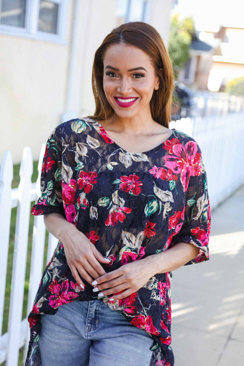 The Perfect Find Black Multicolor Floral Crochet V Neck Top - Charming Charlie