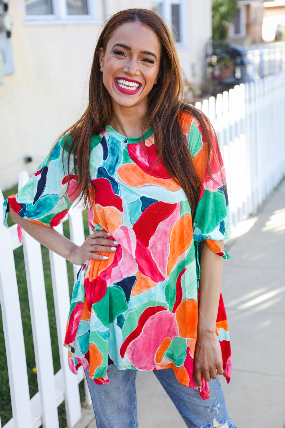 Sieze The Day 3/4 Tie Sleeve Shark Bite Hem Abstract Print Tunic - Charming Charlie