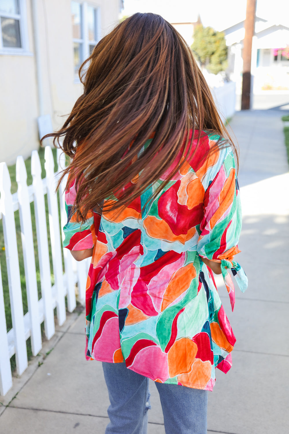 Sieze The Day 3/4 Tie Sleeve Shark Bite Hem Abstract Print Tunic - Charming Charlie