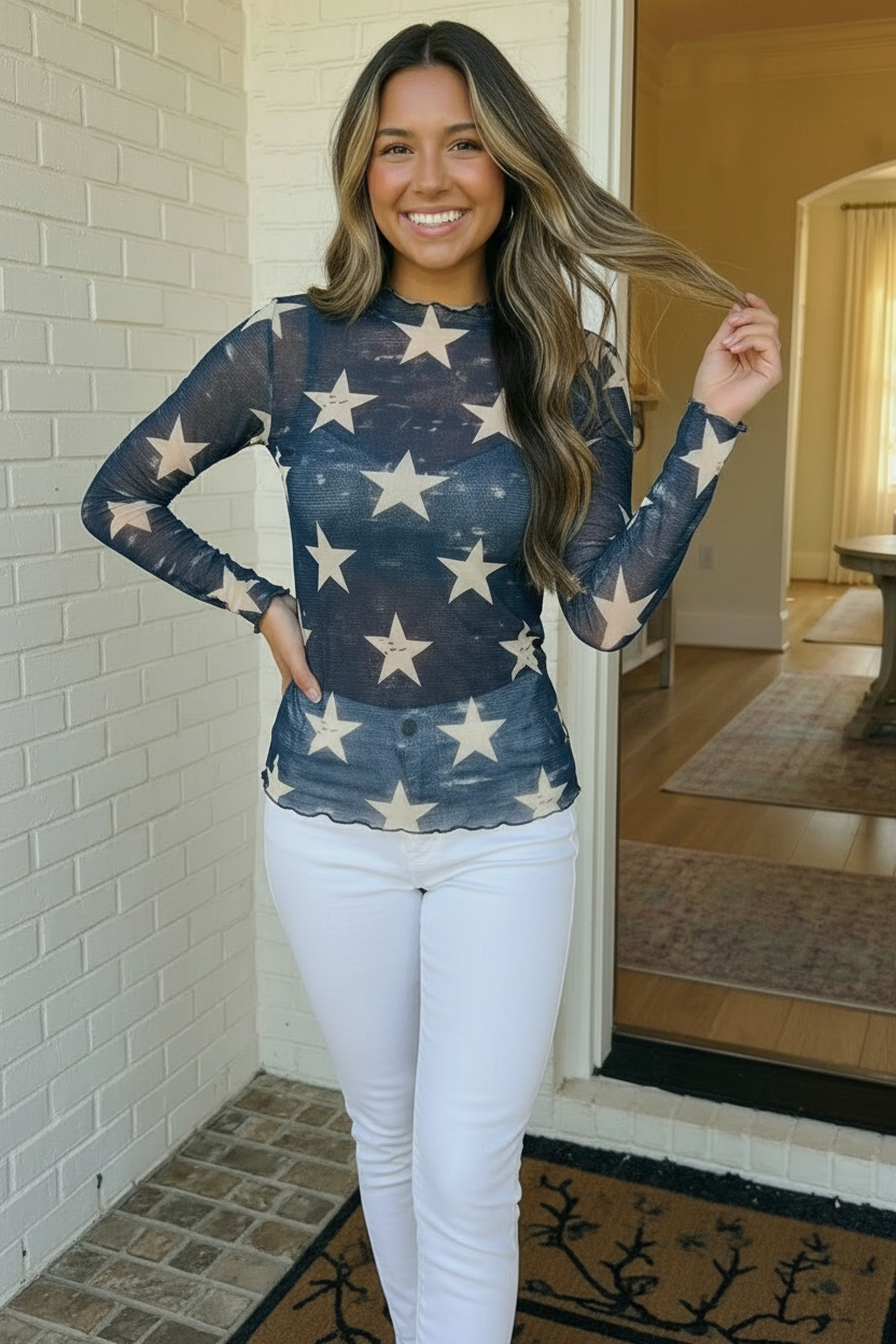 Star Gazer Long Sleeve Mesh Top - Charming Charlie