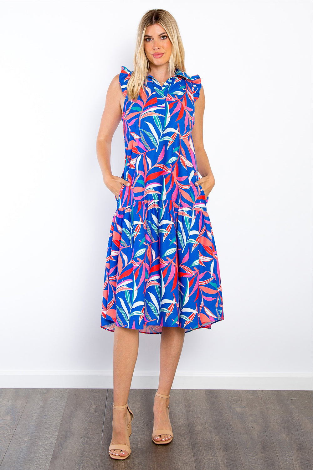 Be Stage Print Ruffled Midi Dress with Pockets - Charming Charlie