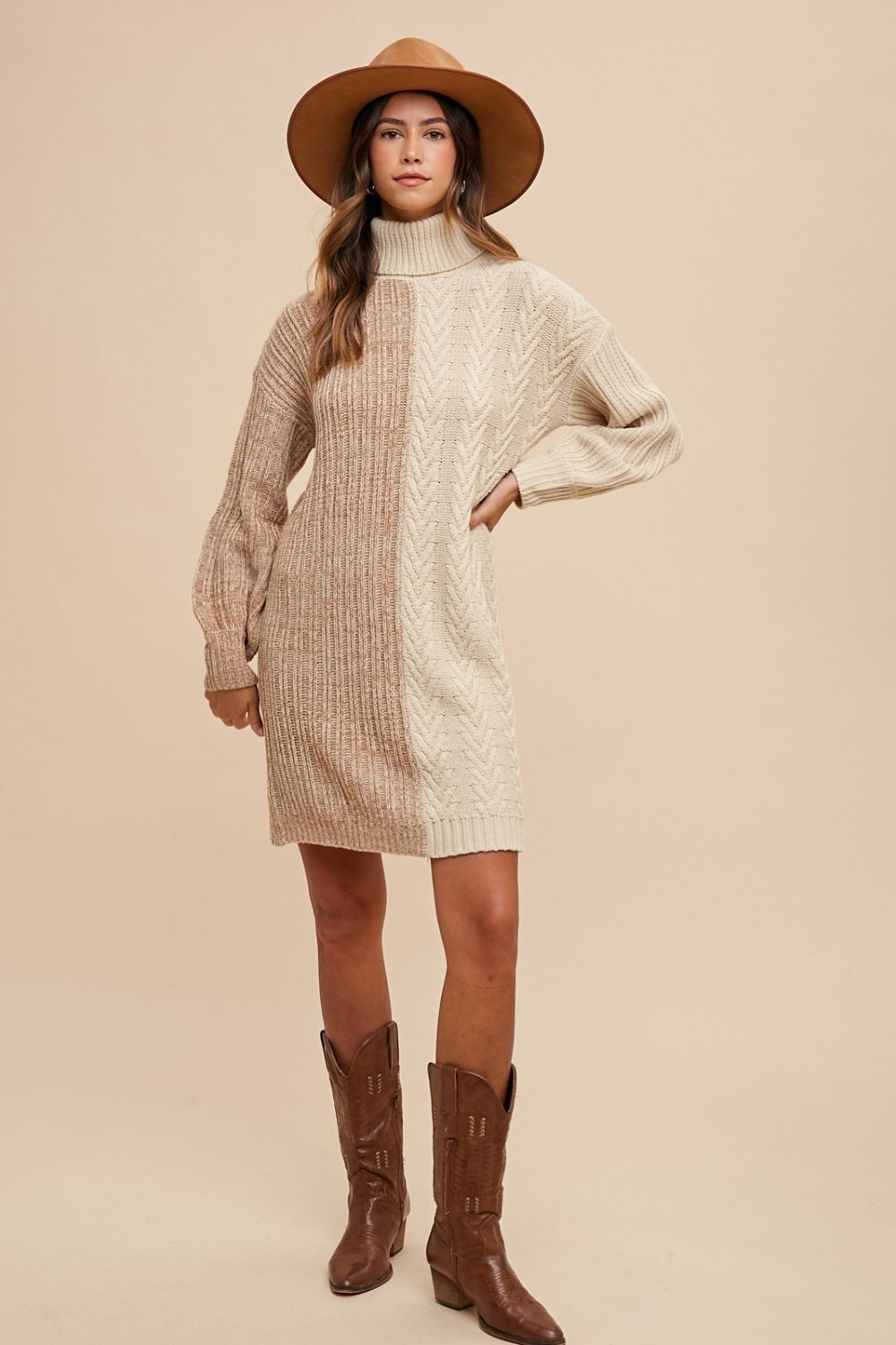 Annie Wear Color Block Turtleneck Sweater Dress Taupe / L Annie Wear Color Block Turtleneck Sweater Dress Taupe / L