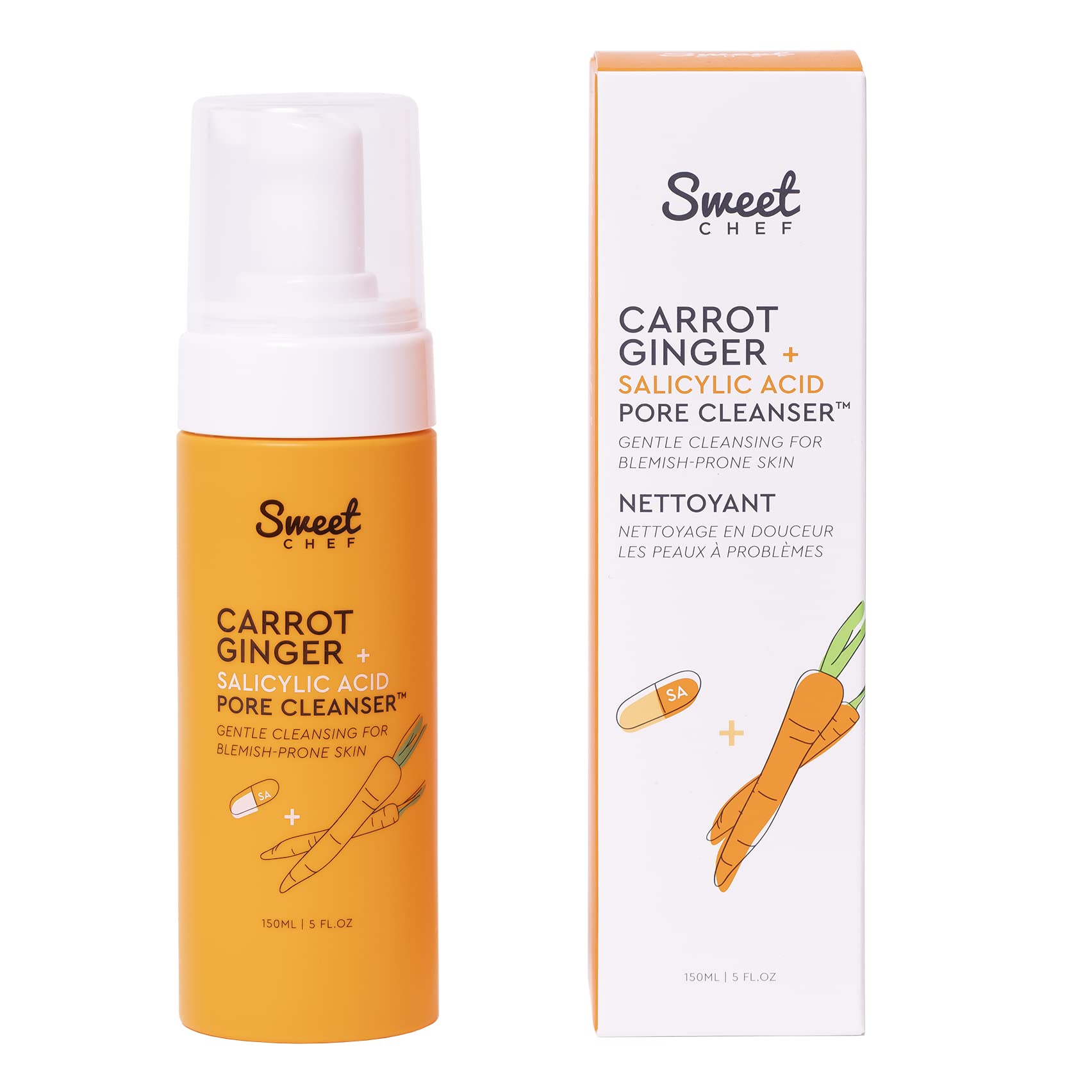 Sweet Chef Carrot Ginger + Salicylic Acid Pore Cleanser - Foaming Face Wash and Gentle Cleanser for Blemish Prone Skin - Brightening Ginger, Pore Minimizer Carrot and Exfoliating Face Wash (5 fl oz) - Charming Charlie