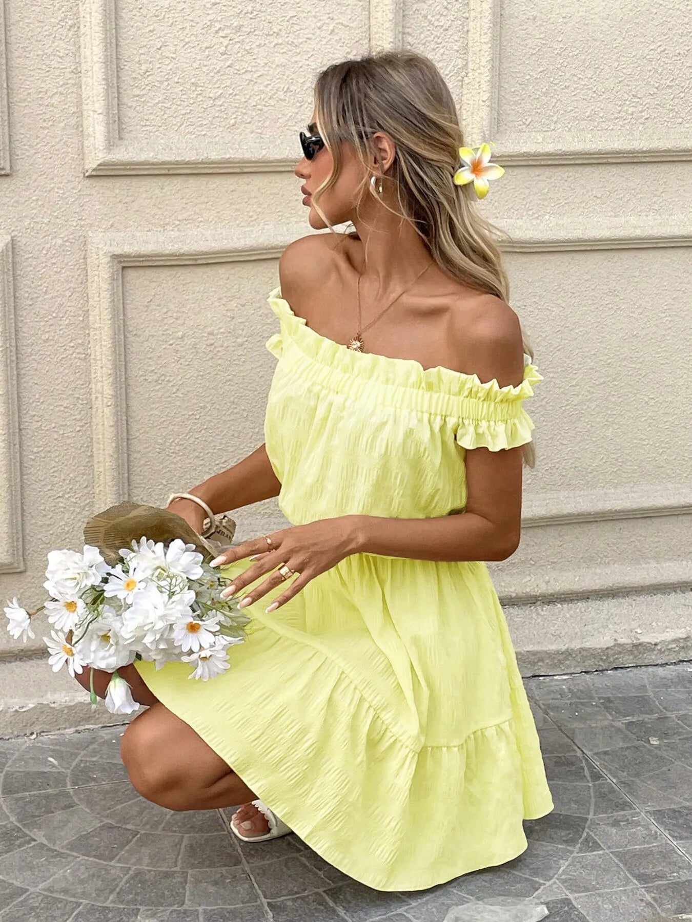 Off-Shoulder Ruffle Hem Summer Dress Yellow / XL