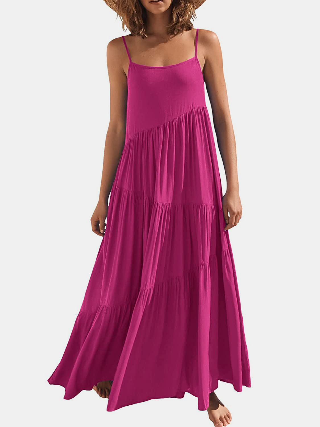 Spaghetti Straps Ruched Tiered Dress With Slit Dusty Rose main image 1