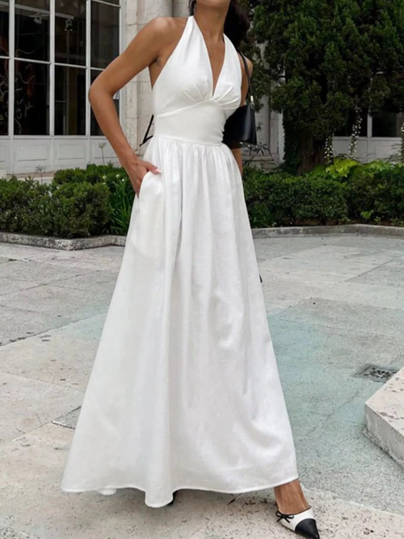 Halter Neck Flowy Maxi Dress White / S