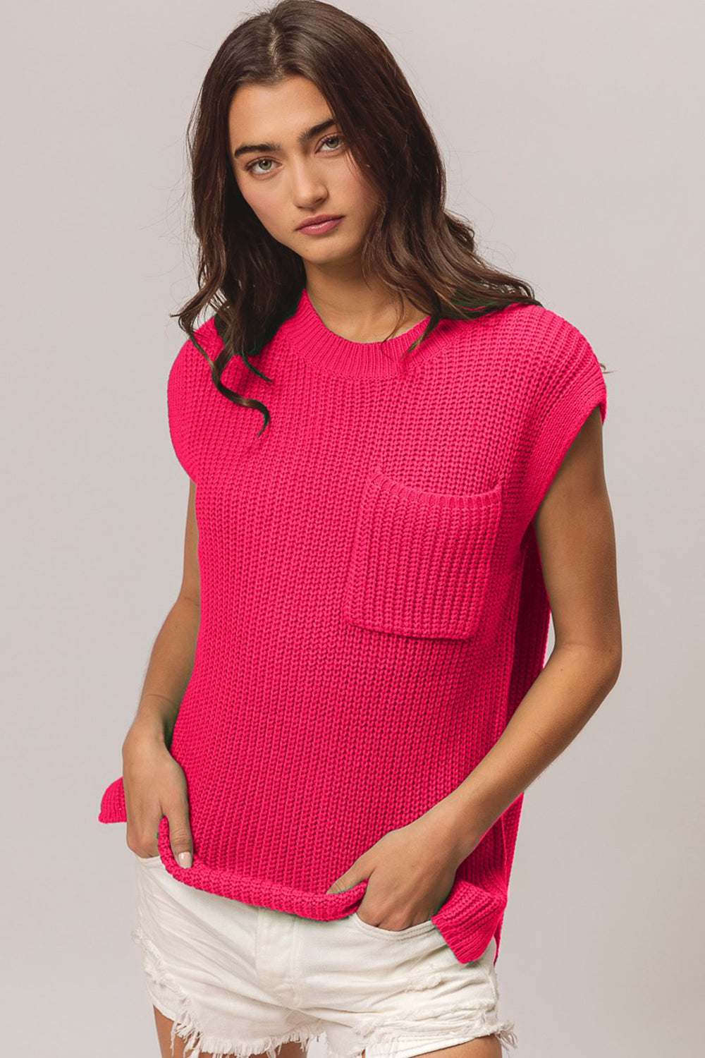 BiBi Patch Pocket Cap Sleeve Sweater Top - Charming Charlie
