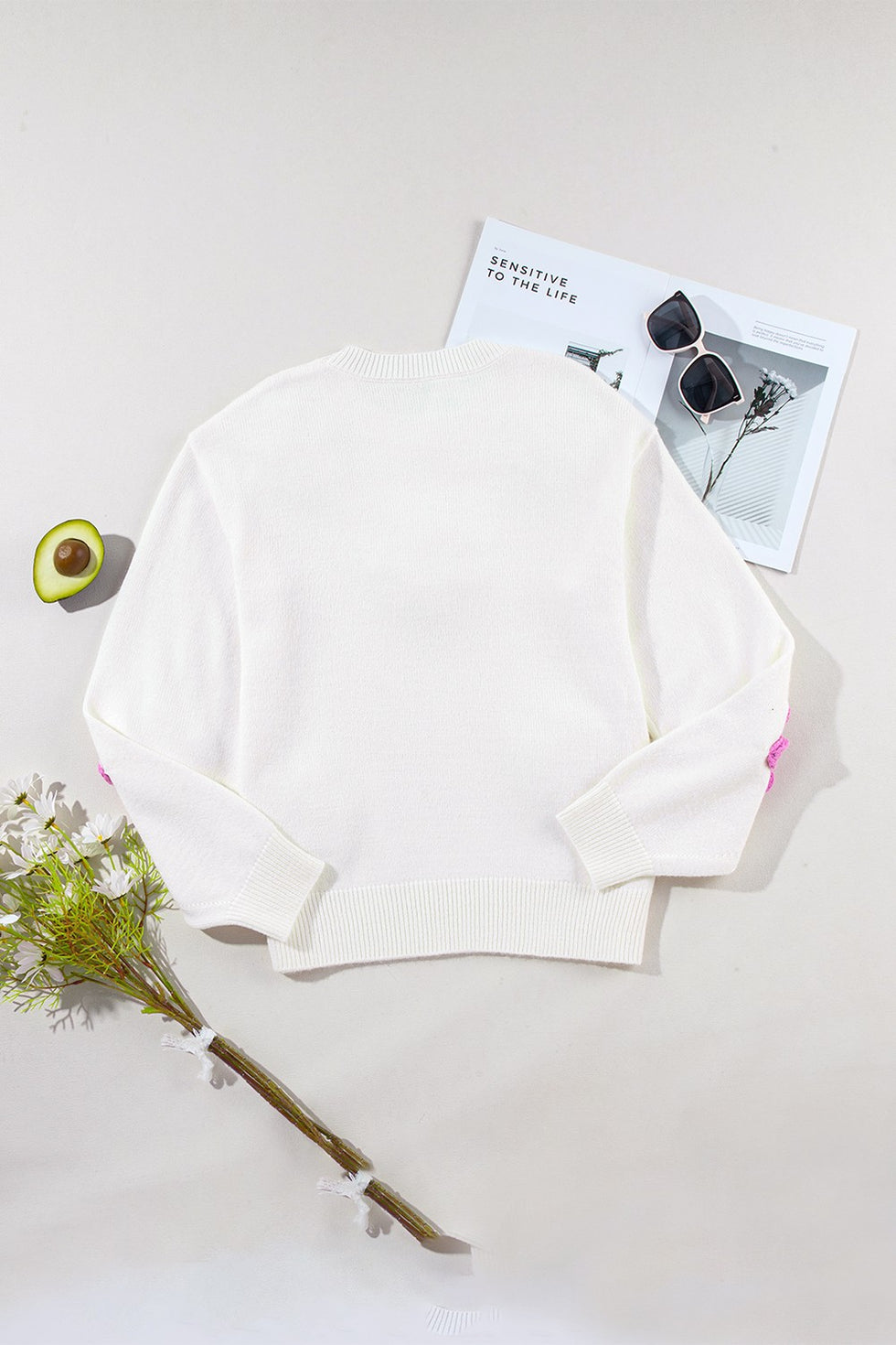 Plus Size Flower Round Neck Long Sleeve Blouse