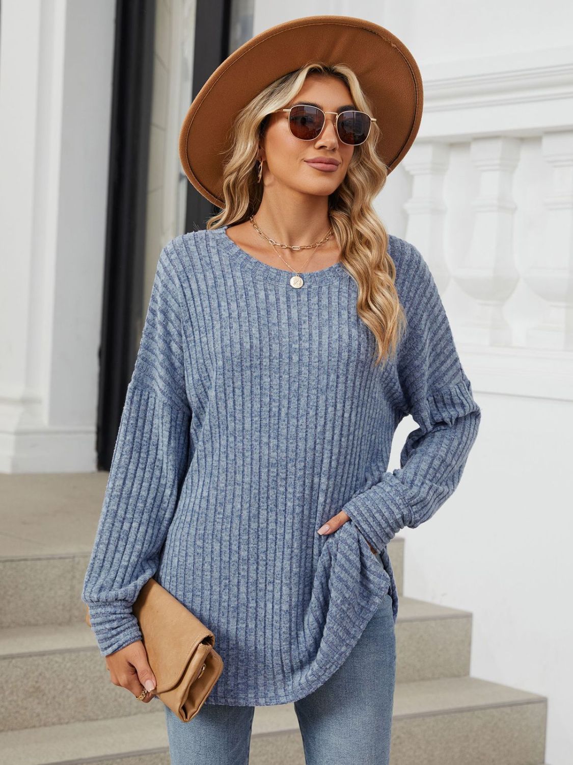 Ribbed Round Neck Long Sleeve T-Shirt - Charming Charlie