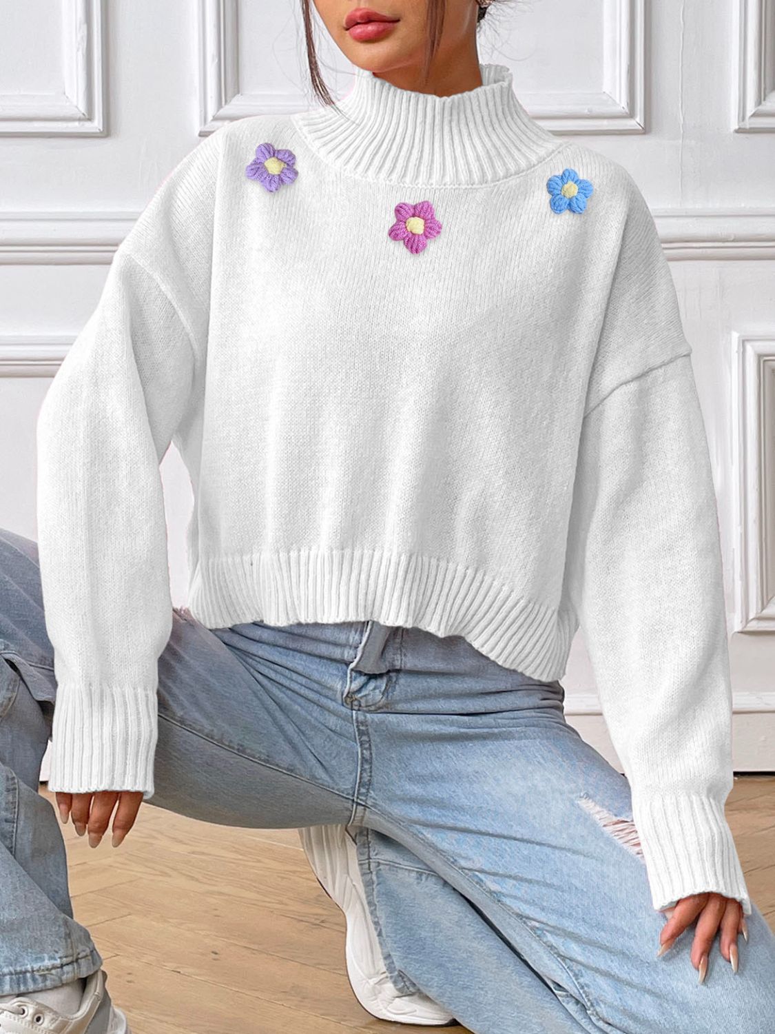 Flower Turtleneck Long Sleeve Sweater – Charming Charlie