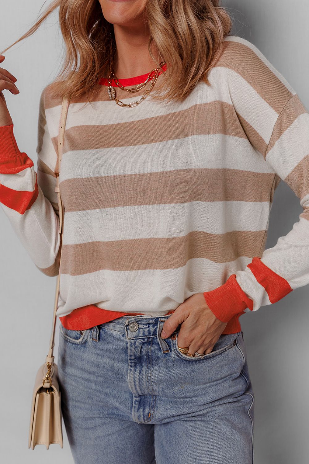 Contrast Striped Round Neck Drop Shoulder Knit Top - Charming Charlie