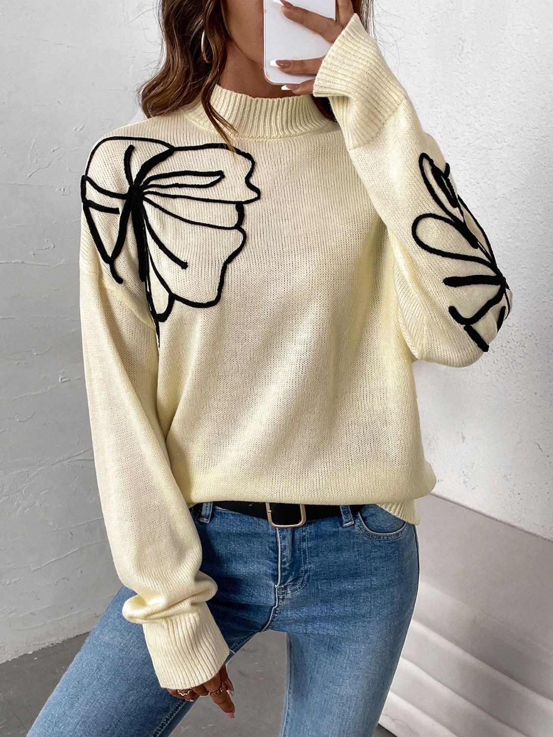 Perfee Mock Neck Dropped Shoulder Long Sleeve Sweater - Charming Charlie