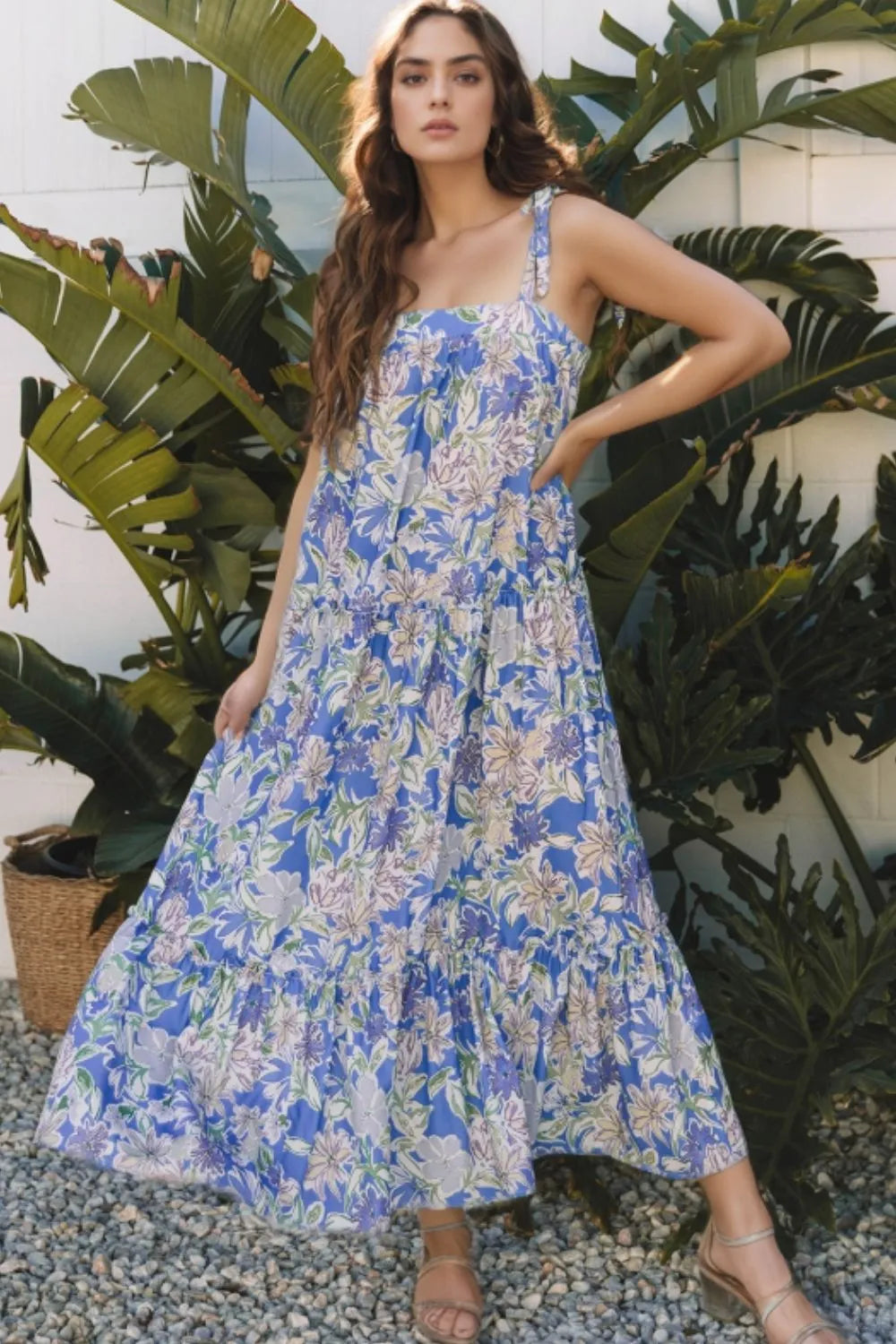 Floral Print Self-tie Straps Flowy Ruffle Dress - Blue Purple / S Floral Print Self-tie Straps Flowy Ruffle Dress - Blue Purple / S
