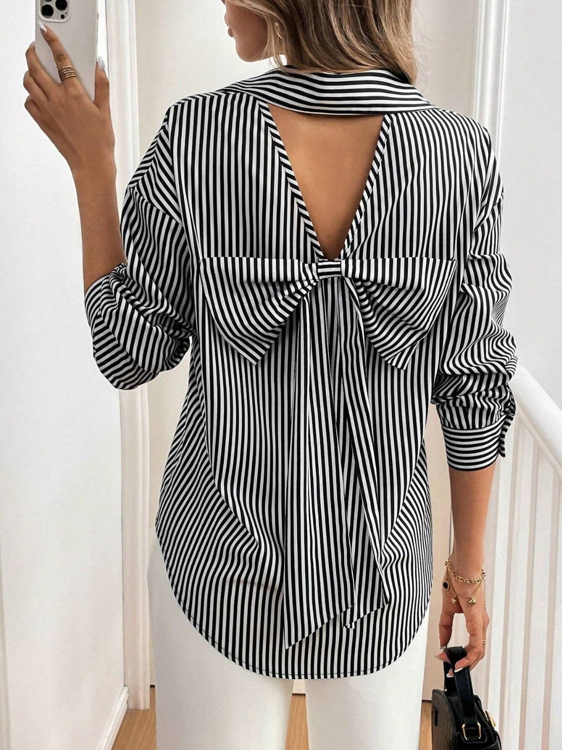 Cutout Bow Back Striped Collared Neck Long Sleeve Shirt - Charming Charlie