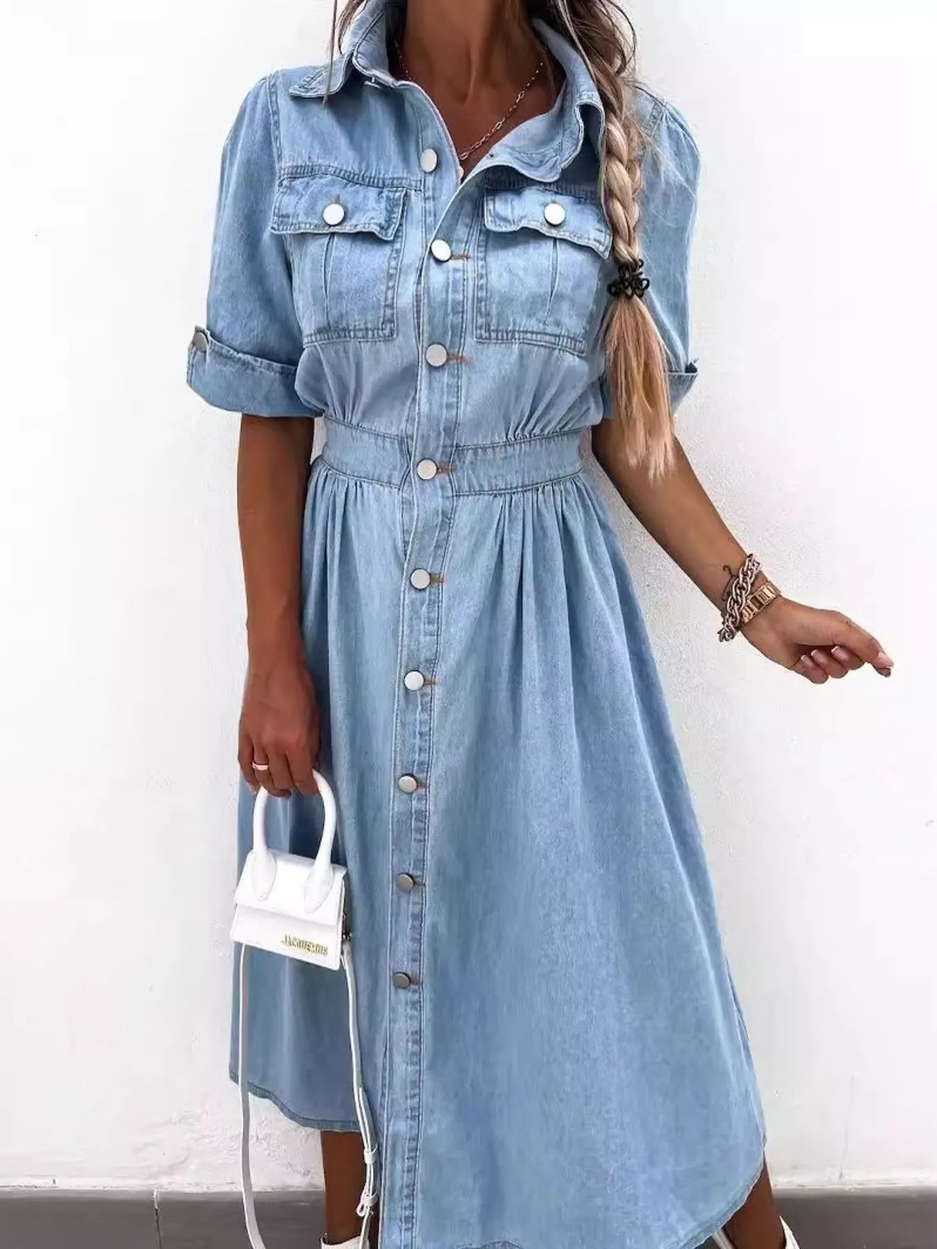Full Size Button Up V-Neck Denim Dress main image 1
