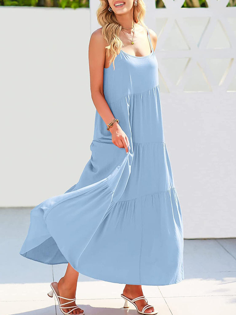 Spaghetti Straps Ruched Tiered Dress With Slit Taupe
