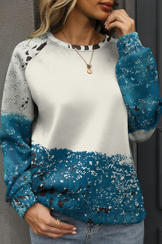 Blue Tie Dye Cow Color Block Pullover Sweatshirt - Charming Charlie