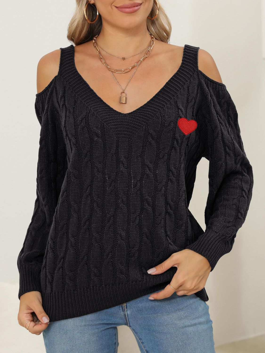 Heart V-Neck Long Sleeve Sweater