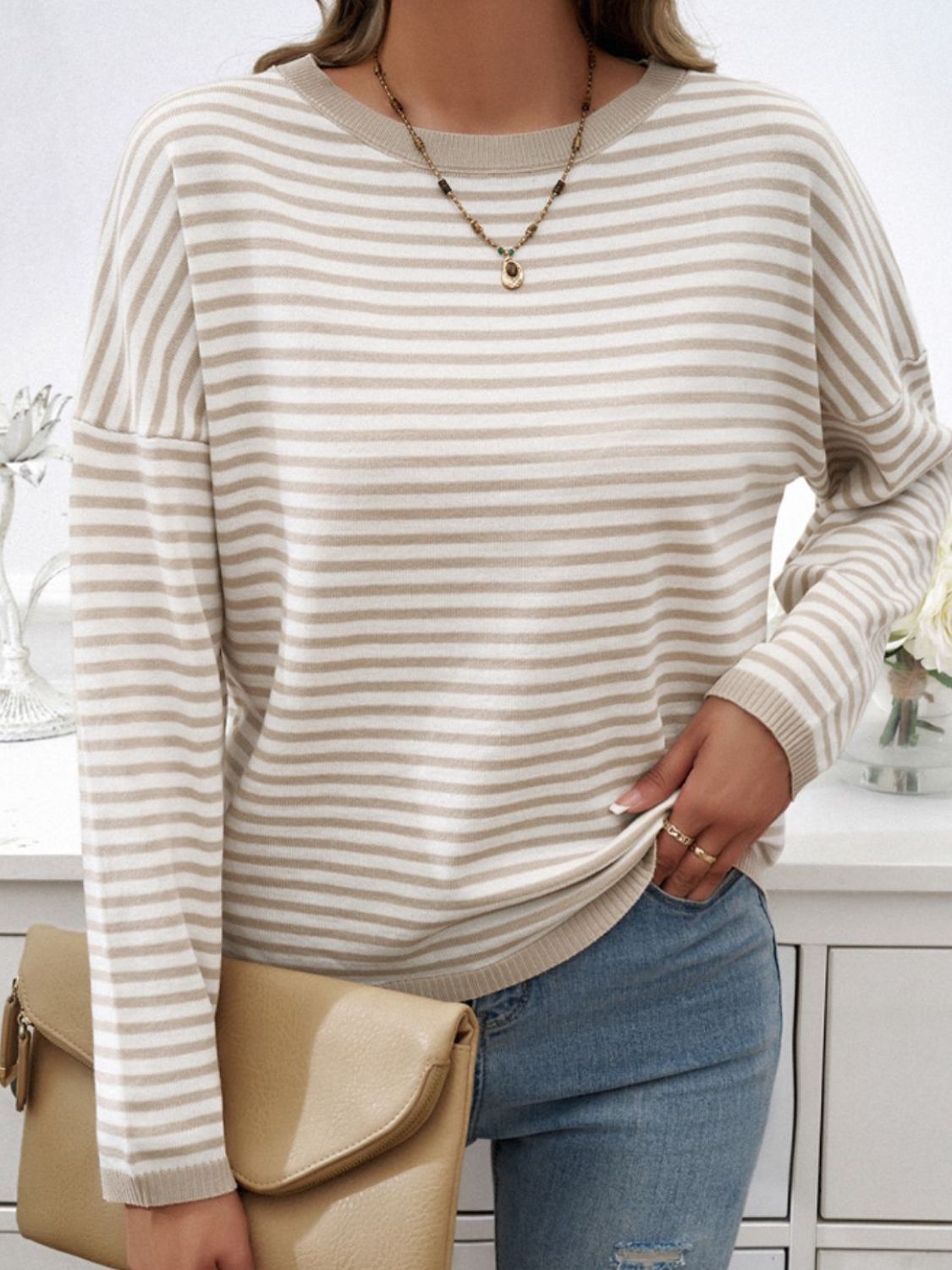 Striped Round Neck Dropped Shoulder Sweater - Charming Charlie