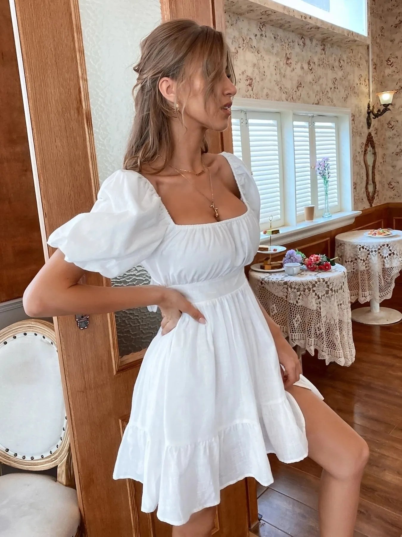 Square Neck Puff Sleeve Mini Dress White / XS