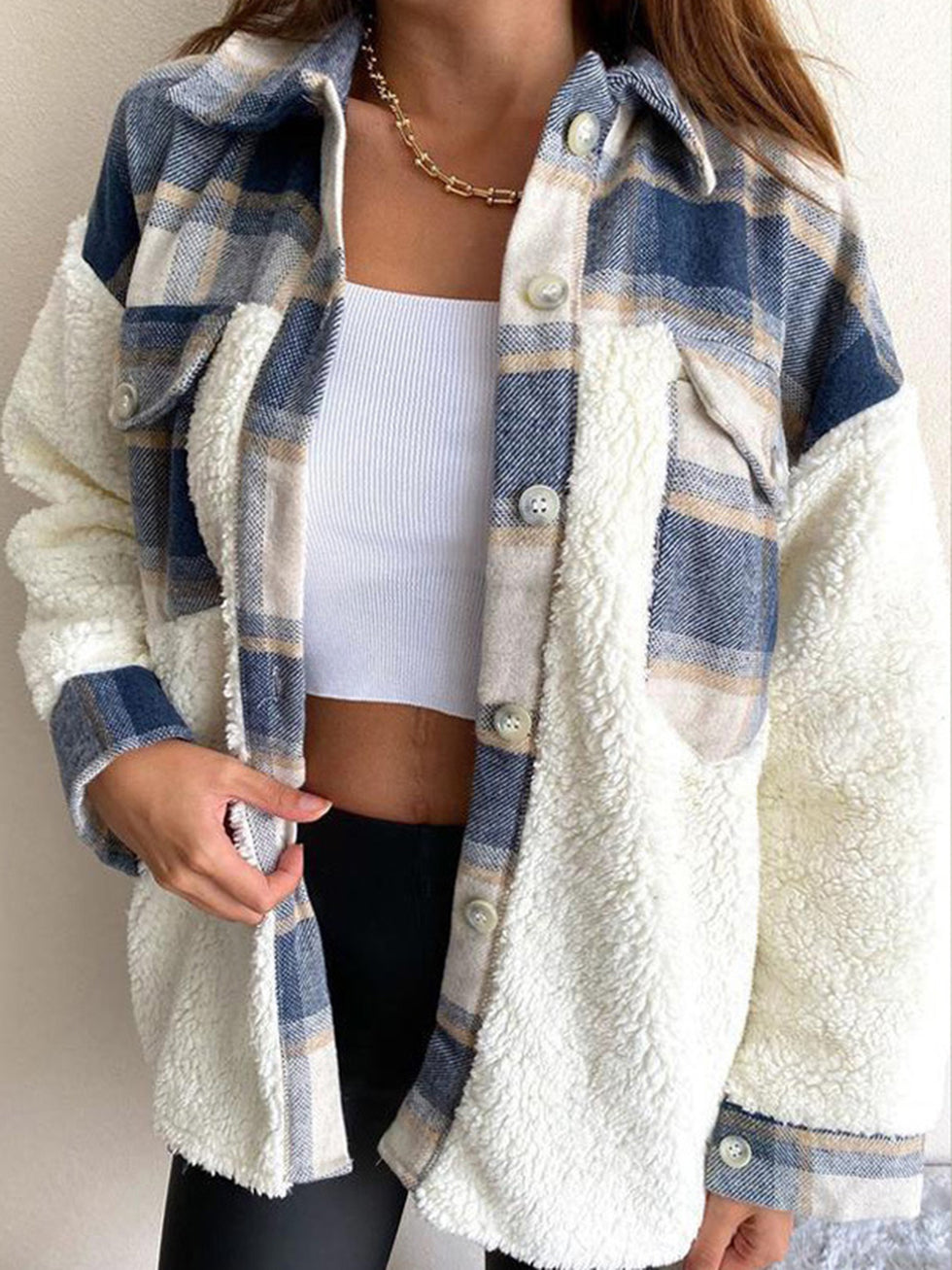 Fuzzy Plaid Button Up Hooded Jacket