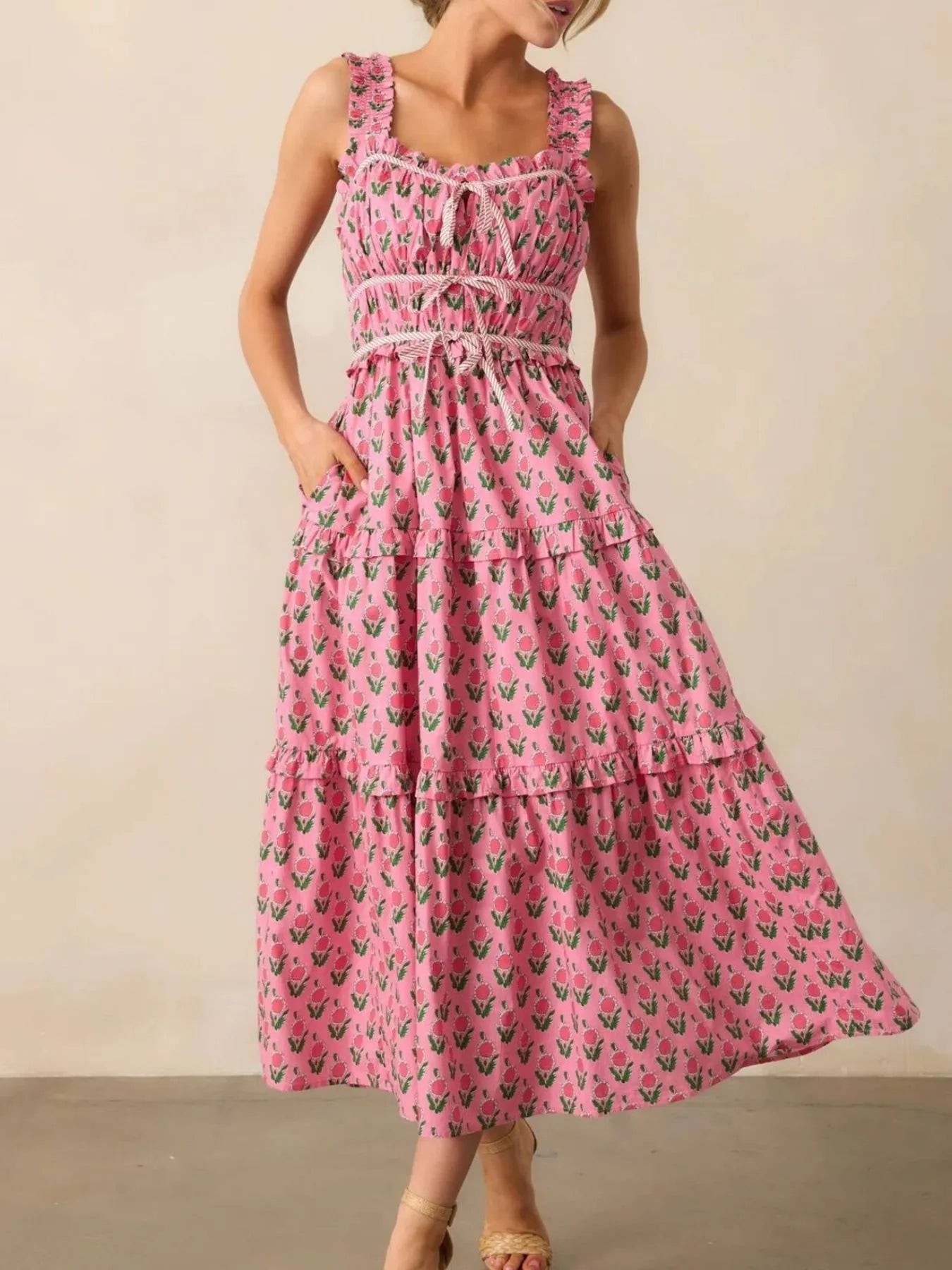 Floral Print Ruffled Midi Dress with Pockets – Charming Charlie