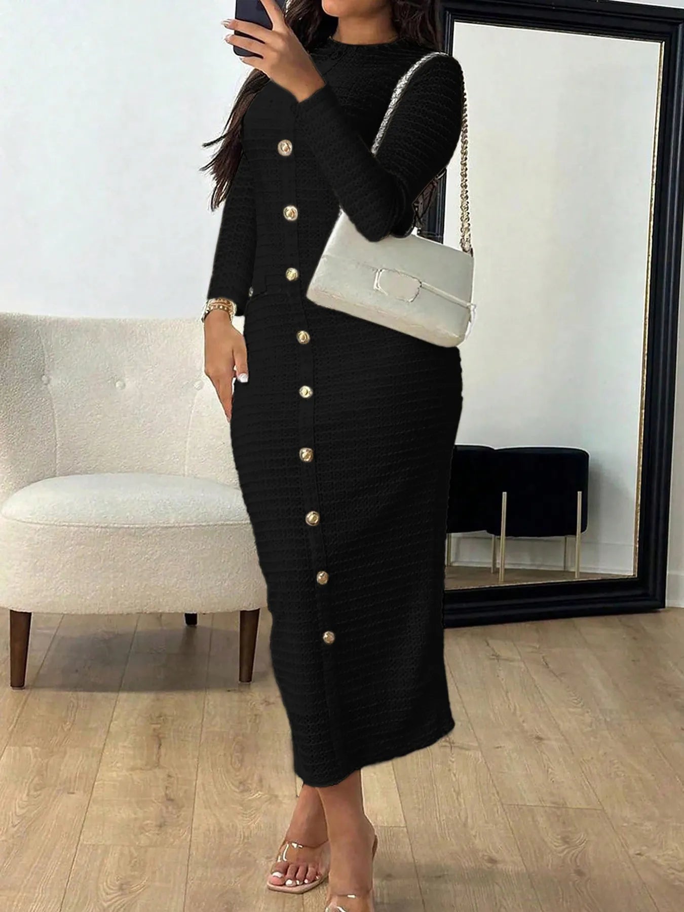 textured long sleeve dress Textured Long Sleeve Midi Dress Black / M