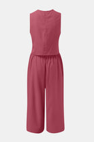 Round Neck Top and Wide Leg Pants Set - Charming Charlie