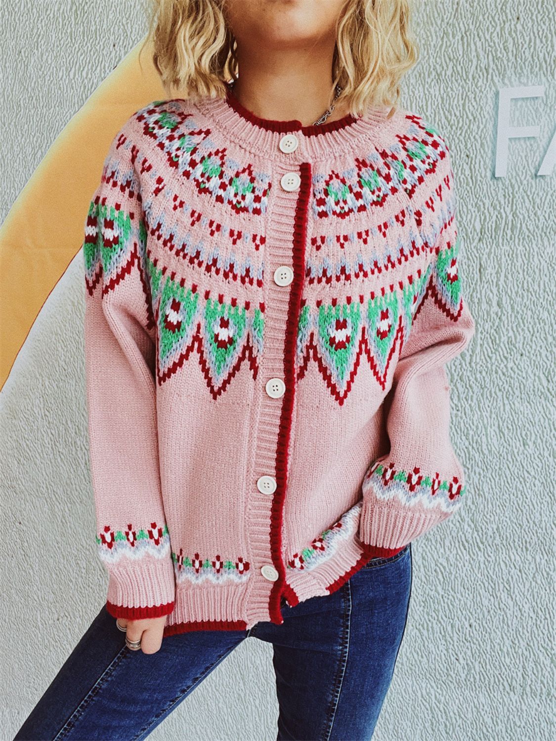 Contrast Geometric Round Neck Long Sleeve Cardigan - Charming Charlie