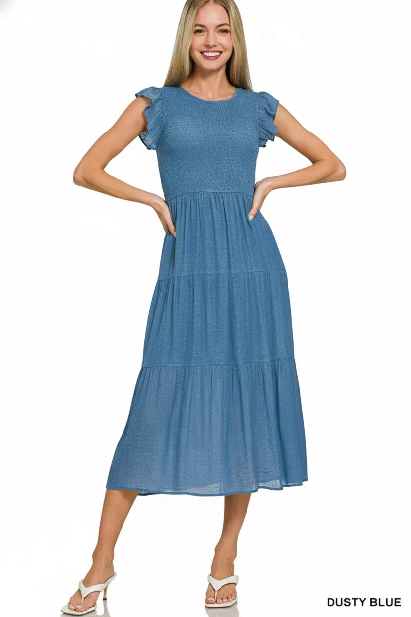 Zenana Woven Smocked Ruffle Sleeve Midi Dress Dusty Blue / S