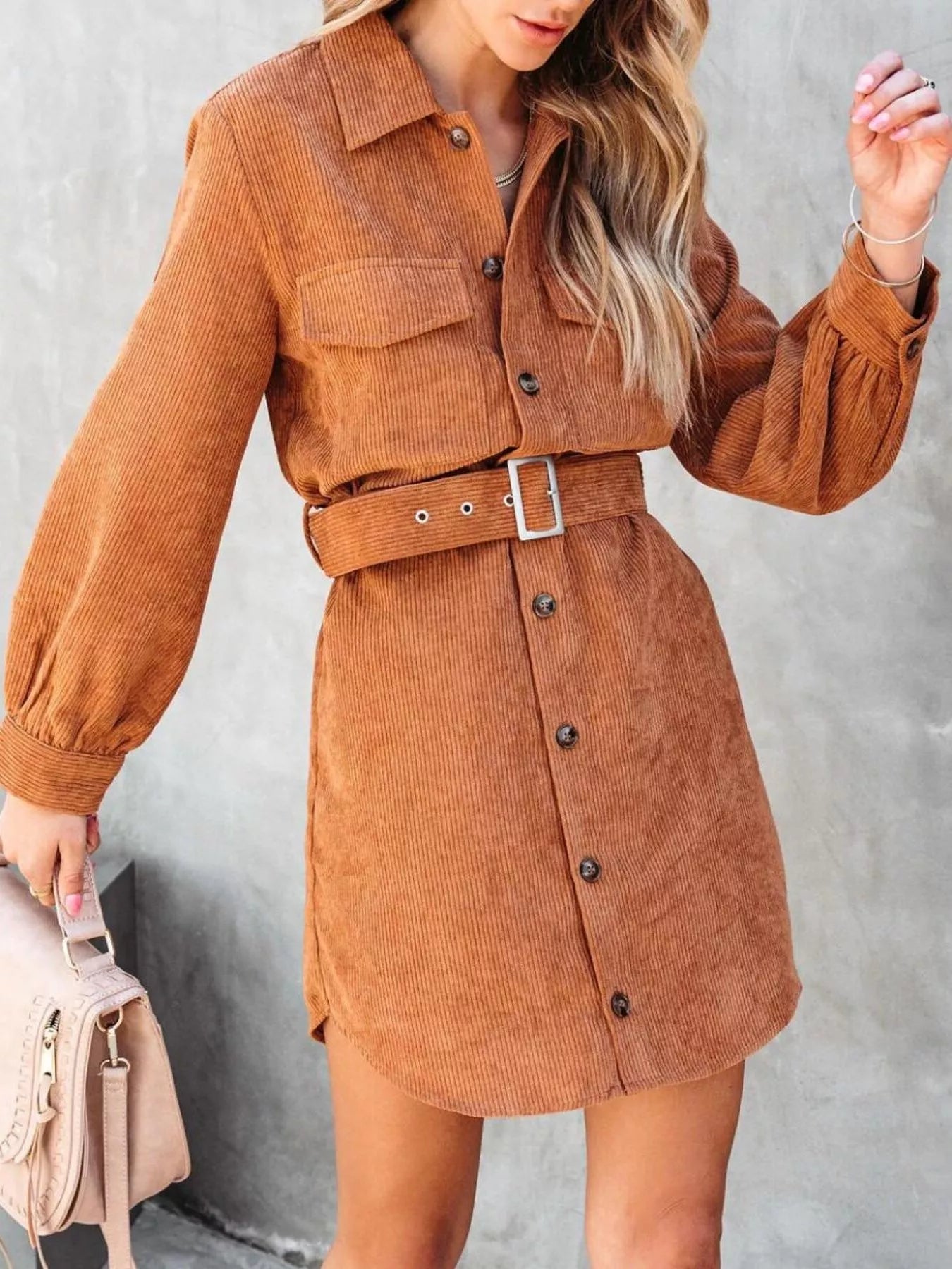 Button Front Belt Long Sleeve Corduroy Dress Light Brown / XL Button Front Belt Long Sleeve Corduroy Dress Light Brown / XL