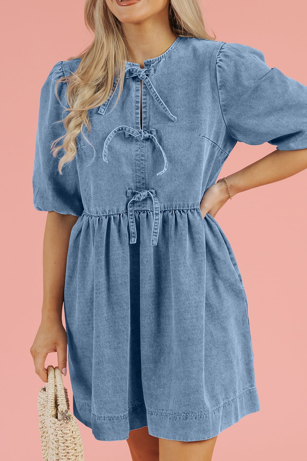 Bowknot Round Neck Half Sleeve Denim Dress - Charming Charlie