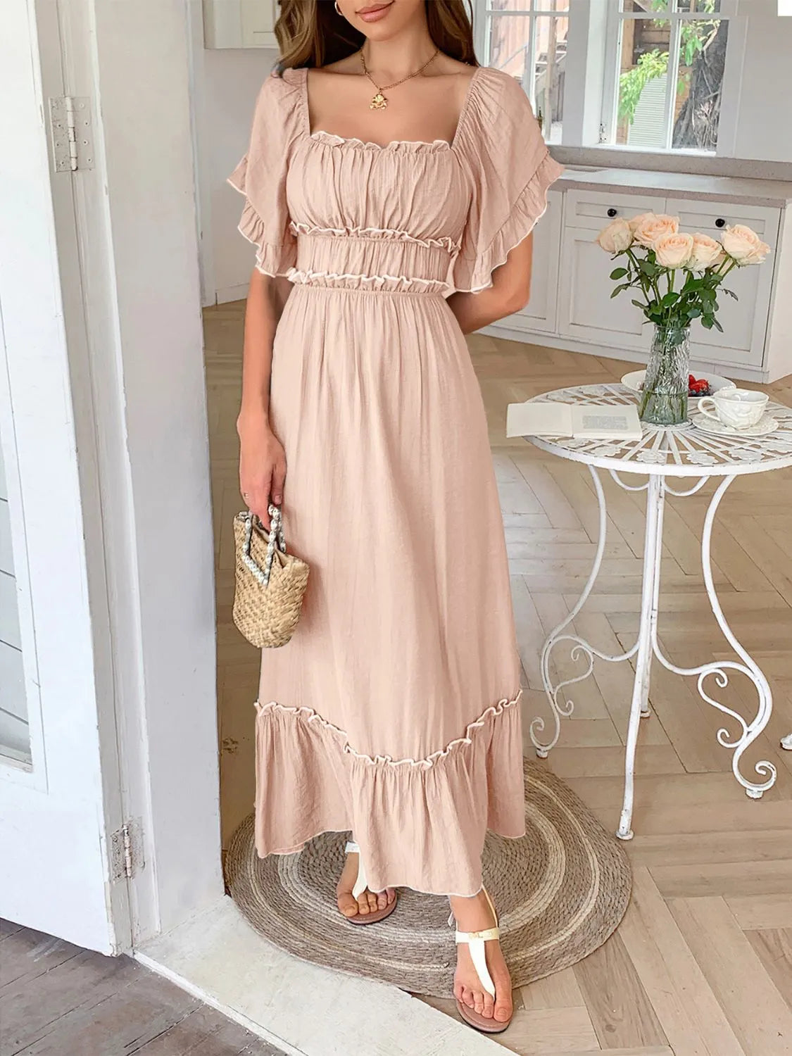 Square Neck Puff Sleeve Ruffle Trim Maxi Dress