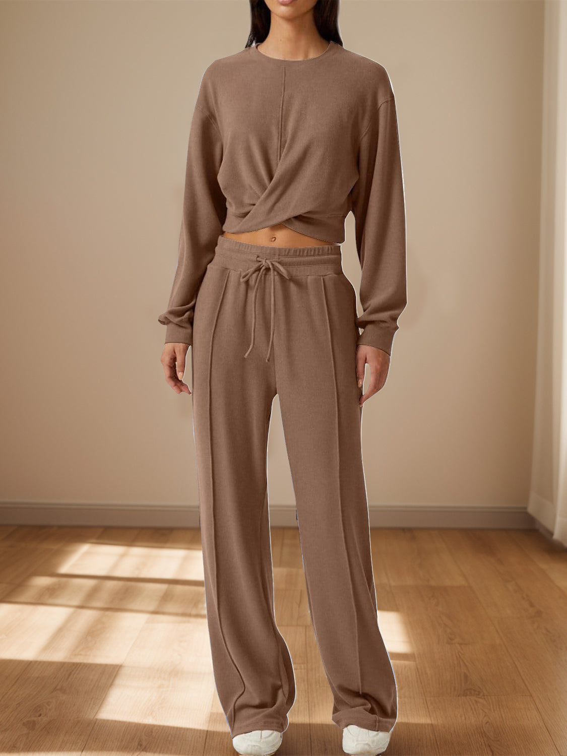 Crisscross Round Neck Top and Drawstring Pants Set - Charming Charlie