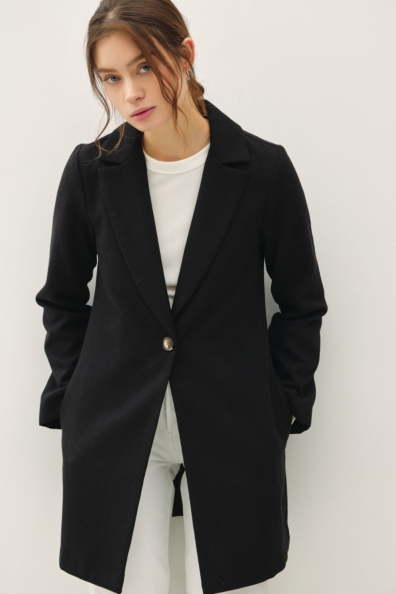 Be Cool Single Button Long Sleeve Coat with Pockets - Charming Charlie